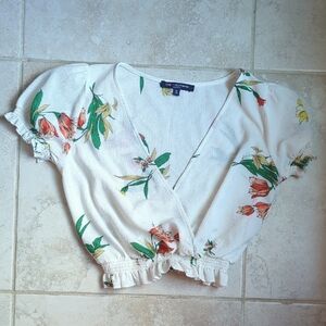 Elegant Floral Wrap Blouse - White with Red, Yellow, and Green Accents